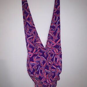 One of a Kind Vibrant Purple and Red Patterned Swim/Bodysuit